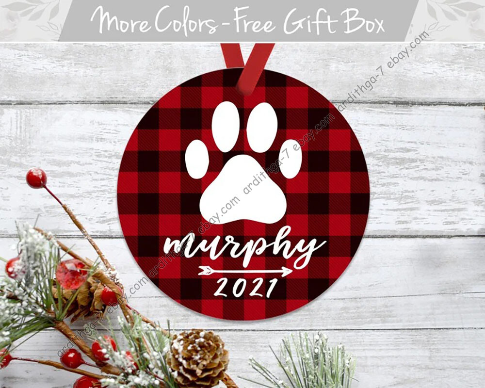 Red Plaid Christmas Dog Ornament, Dog Paw Print Ornament, Rustic Buffalo Plai...