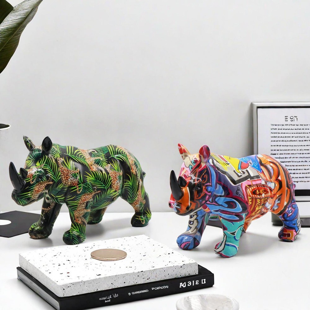 Figurine Animal Rhinoceros Resin Multicolor Modern Carved Small Free Stand Decor
