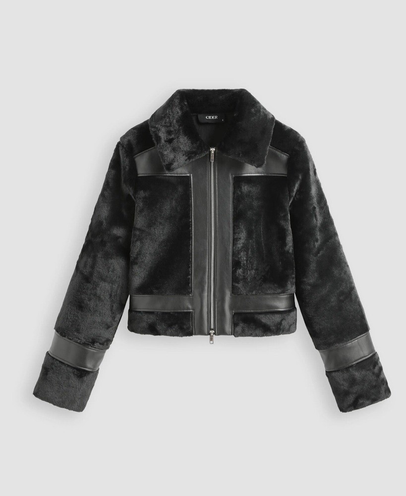 Faux Shearling & Leather Patched Cropped Jacket