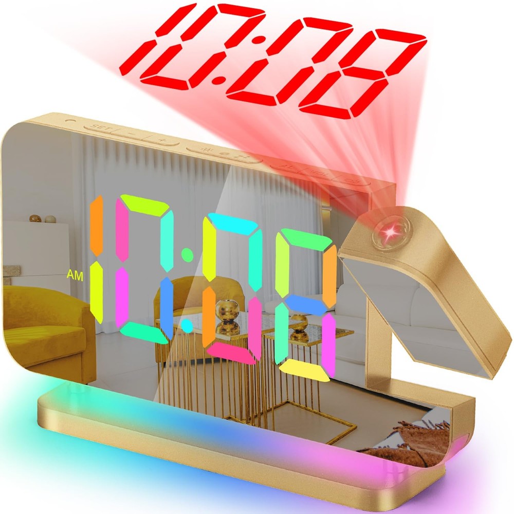 180° Adjustable 7.4-inch LED Mirror Projection Alarm Clock with Large Digital Display