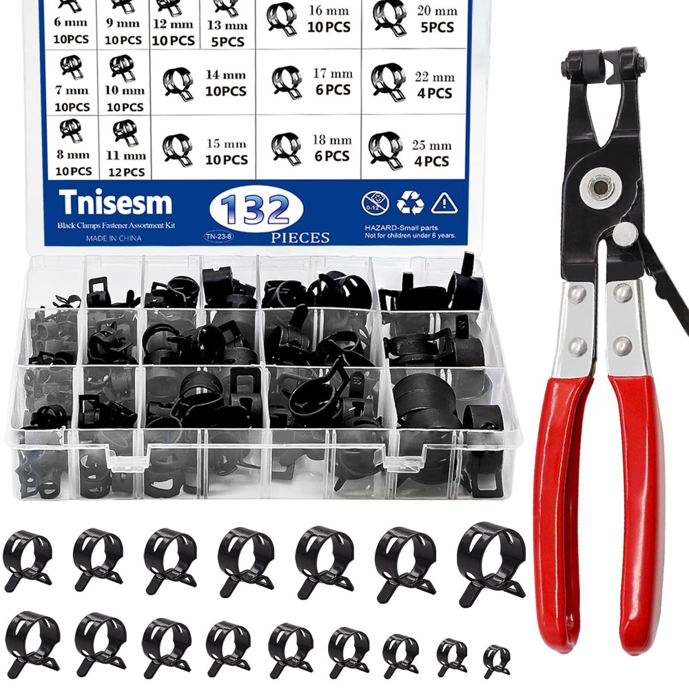 Tnisesm 132Pcs Black Spring Hose Clamps 6-25MM with Pliers for Secure Fastening