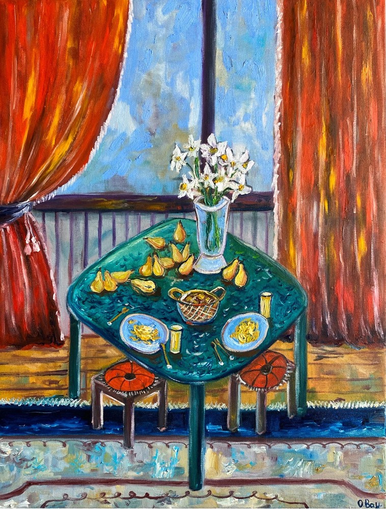 Pears Painting Original Oil Painting Daffodils Table Wall Art 18x24
