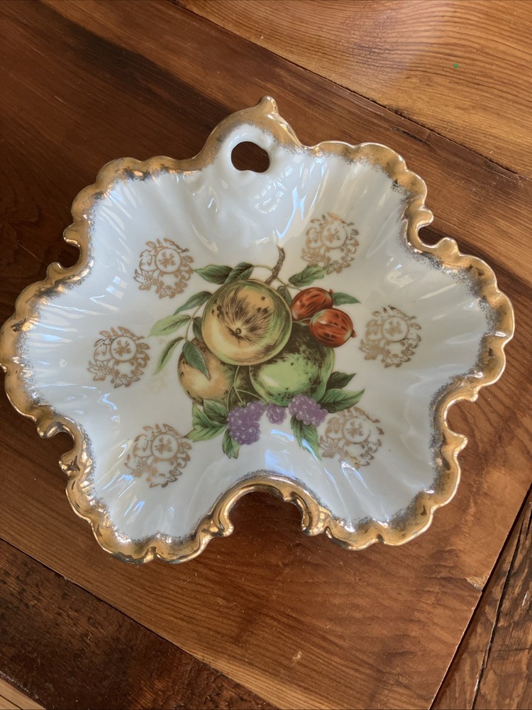 Vintage China Candy Trinket Dish  Fluted Gold Rim Fruit Design Nippon?