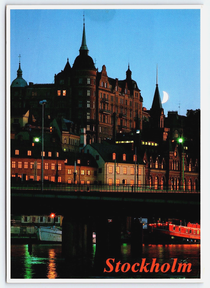 VINTAGE OLD ANTIQUE POSTCARD BUILDINGS BRIDGE BOATS STOCKHOLM SWEDEN 1988