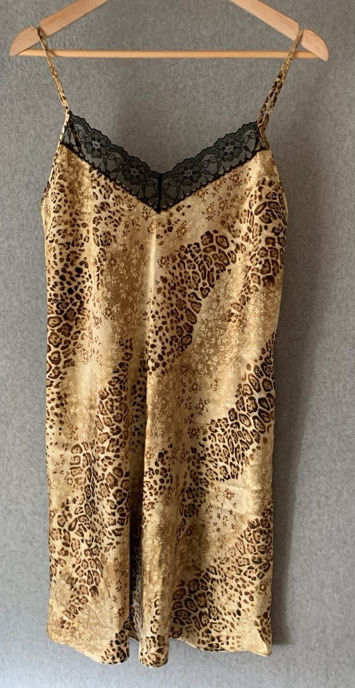 VTG Gilligan O'Malley Leopard Floral Print Satin Chemise sz M Slip Dress Lace