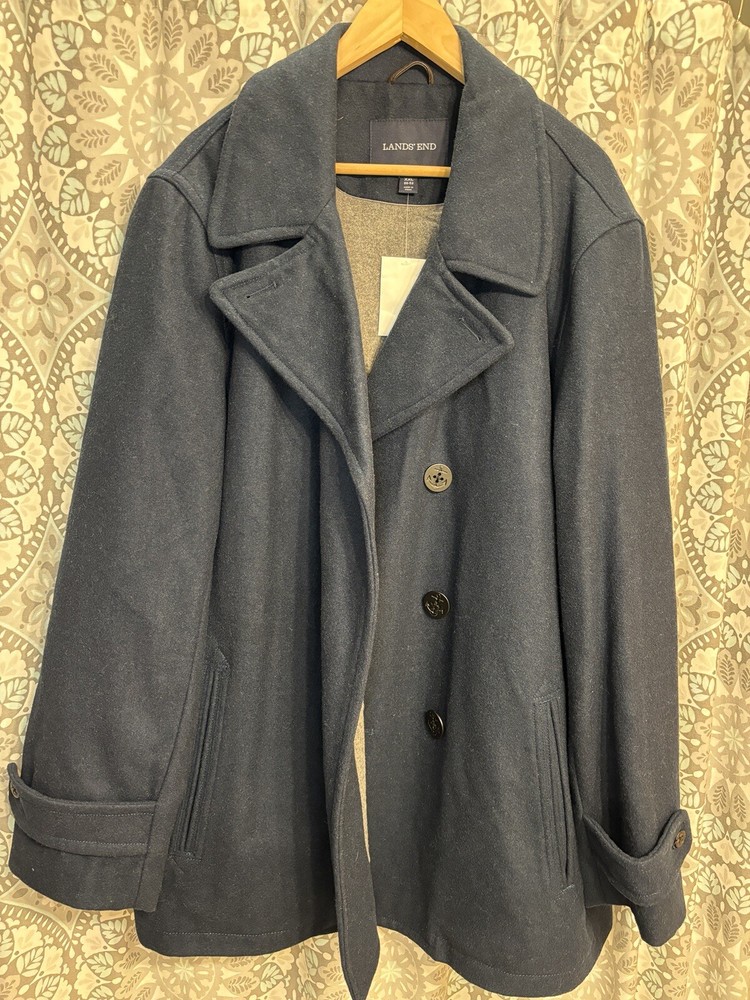 NWOT LAND’S END MENS XXL 50/52 Wool Blend Navy Blue Peacoat Anchor Buttons
