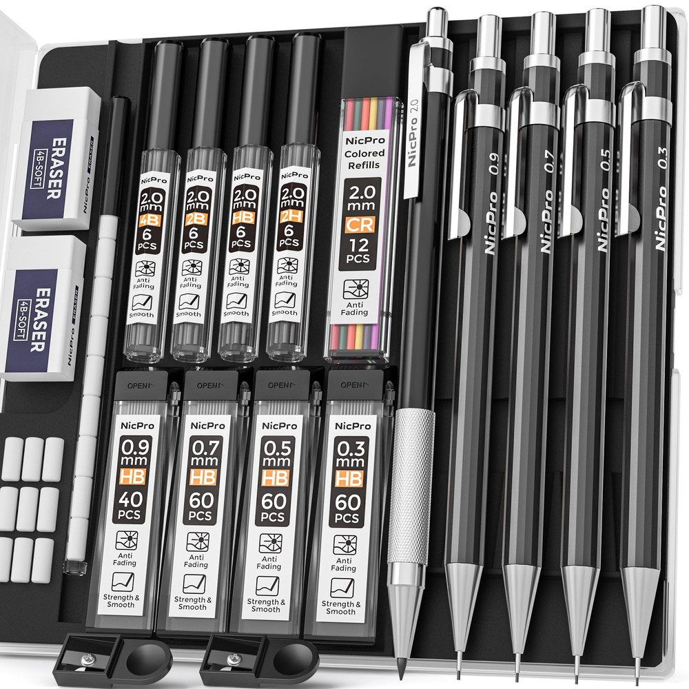 Nicpro Black Art Mechanical Pencil Set in Case, Metal Drafting Pencils 0.3, 0...