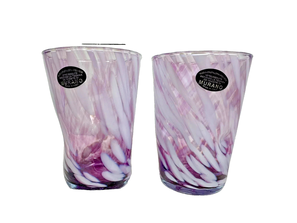 2 VETRO ESEGUITO PURPLE &  WHITE MURANO TUMBLER DRINKING GLASSES NEW