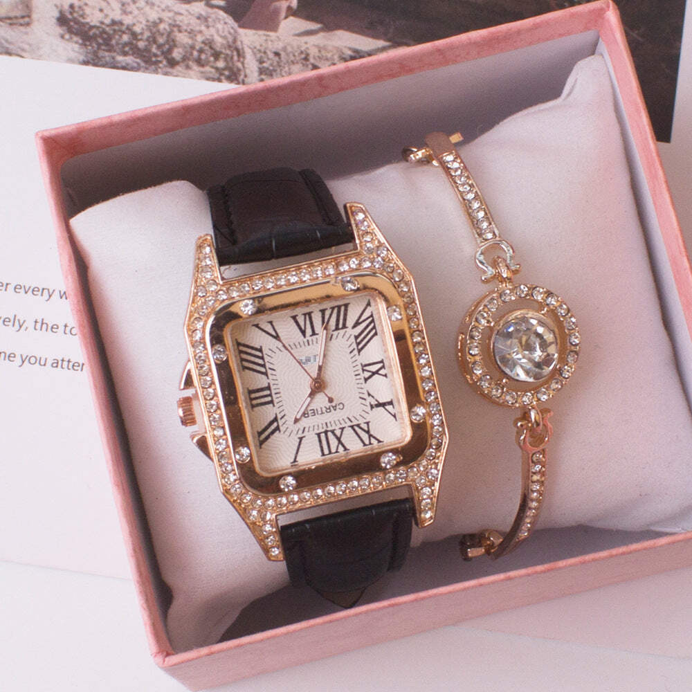 Rhinestone Square Watch for Women with Imitation Leather Strap in Various Colors