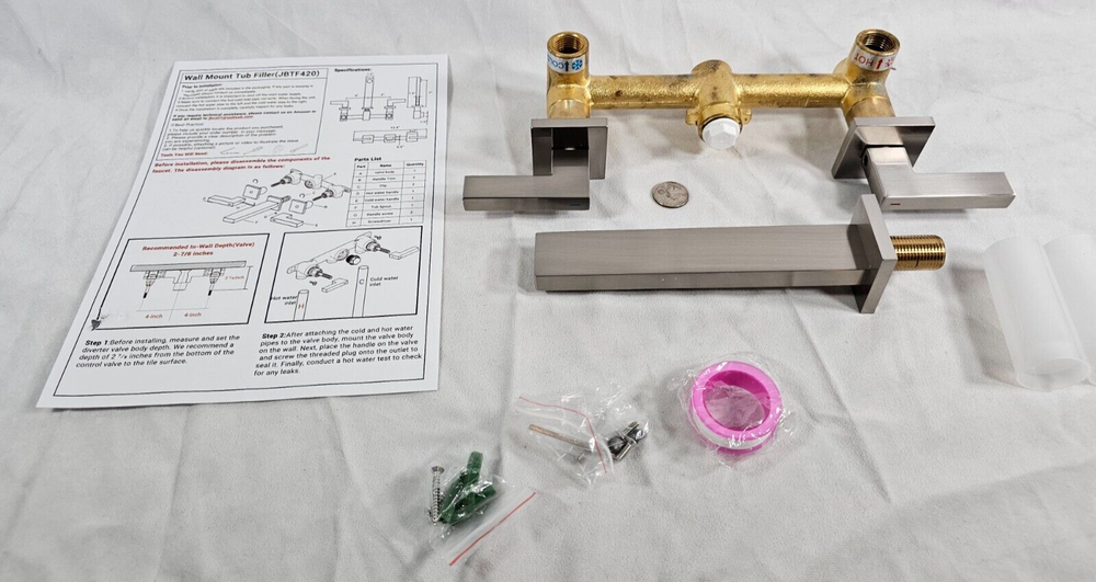 JetsBath Tub Filler Brushed Nickel Wall Mount 2 Lever Handles Long Spout 7