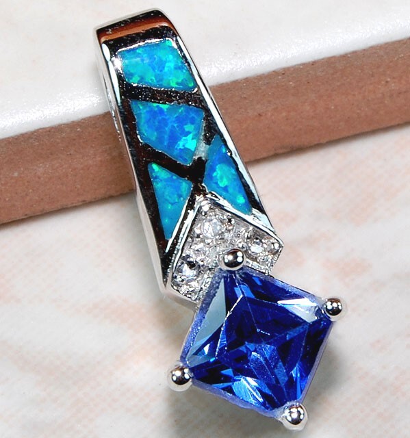 Treated Blue Sapphire & Australian Opal Inlay 925 Sterling Silver Pendant GA8