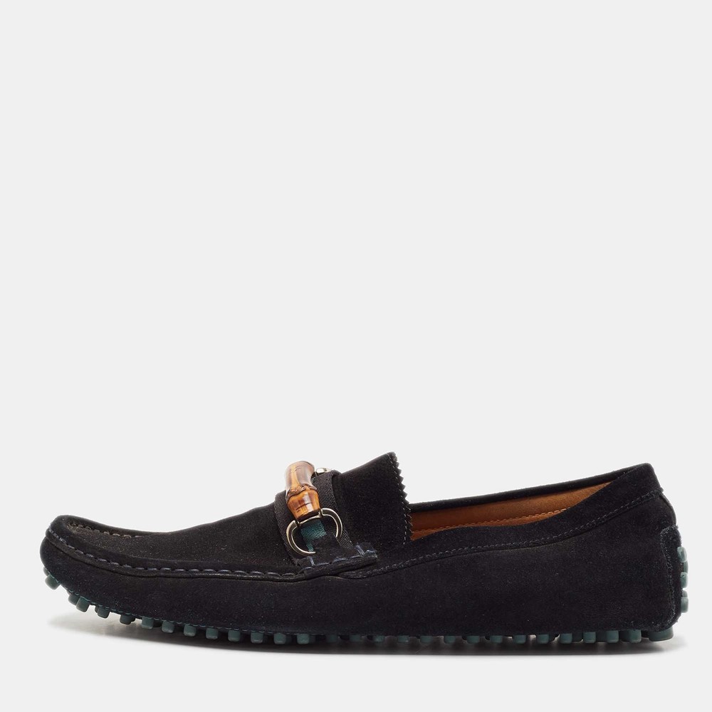 Gucci Black Suede Bamboo Horsebit Loafers Size 44.5