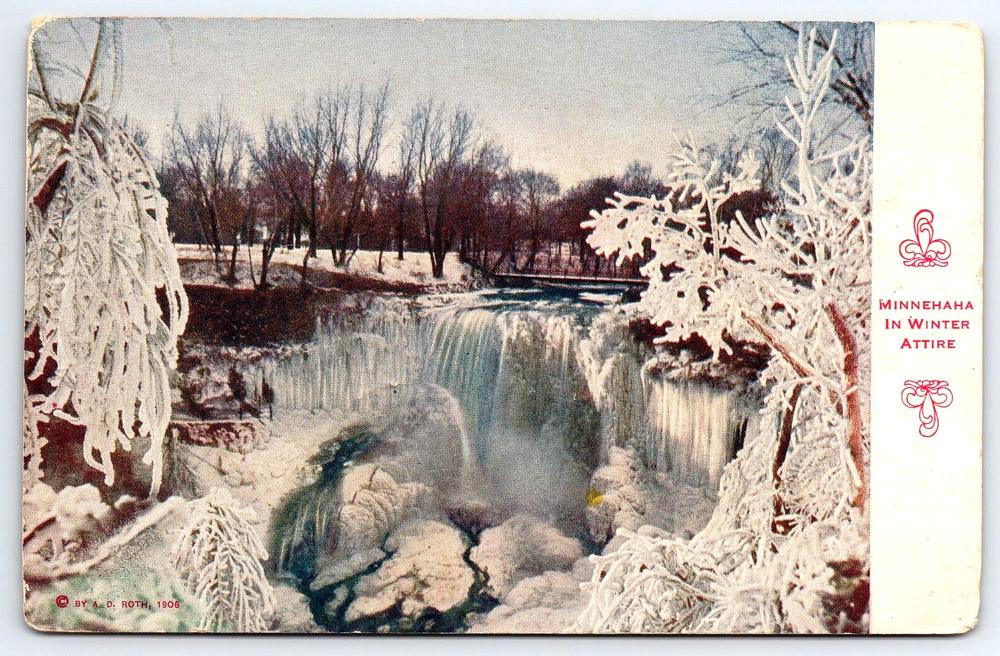 Original Old Vintage Postcard Minnehaha Falls In Winter Minneapolis Minnesota
