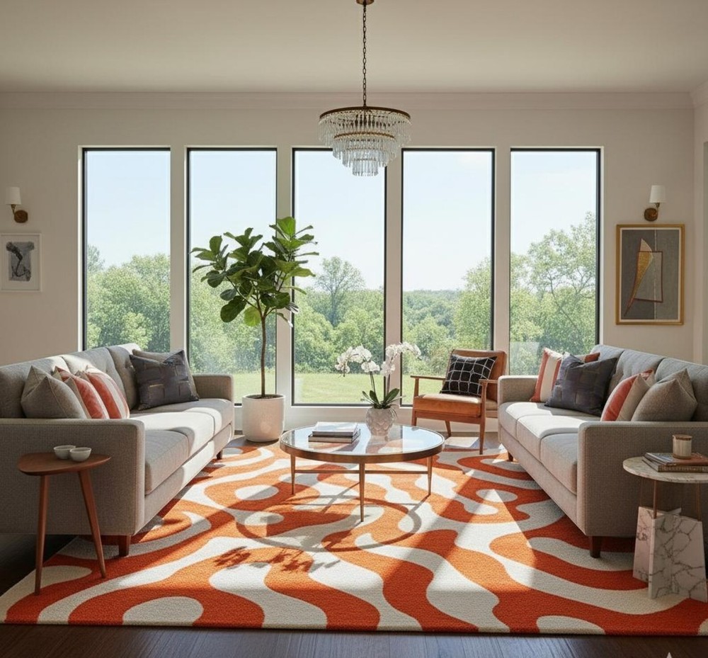 Mid-Century Modern Orange and White Abstract Rug | Organic Wavy Pattern Area Rug