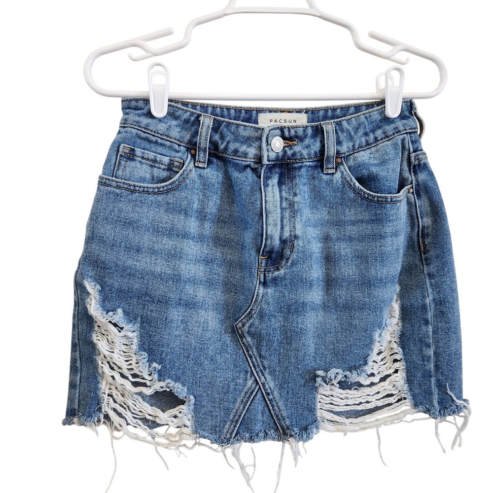 Pacsun Frayed Hem Denim Medium Wash Cut Off Jean Mini Skirt Blue Cotton Size 26