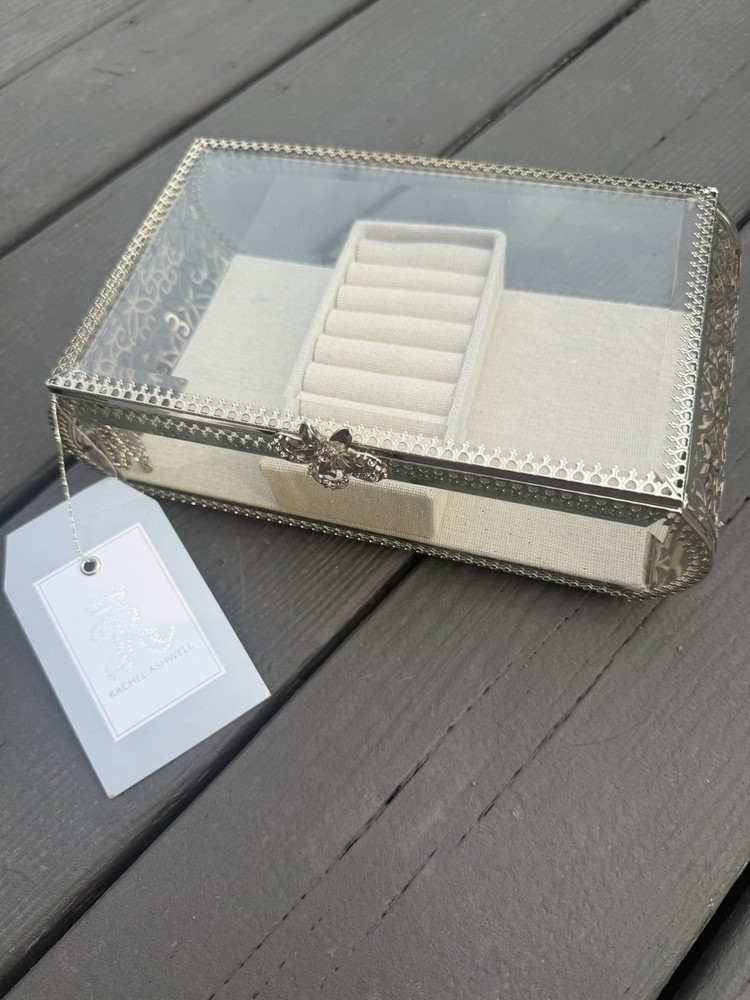 Rachel Ashwell Home Beveled Glass Metal Jewelry Box Silver W/ Center Ring Holder