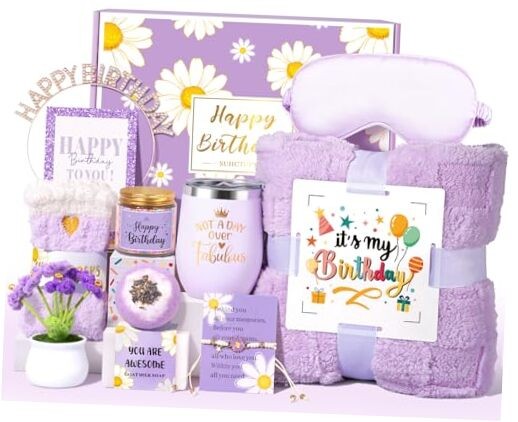 Purple Birthday Gift Basket for Women - 12pcs Thoughtful Present Set