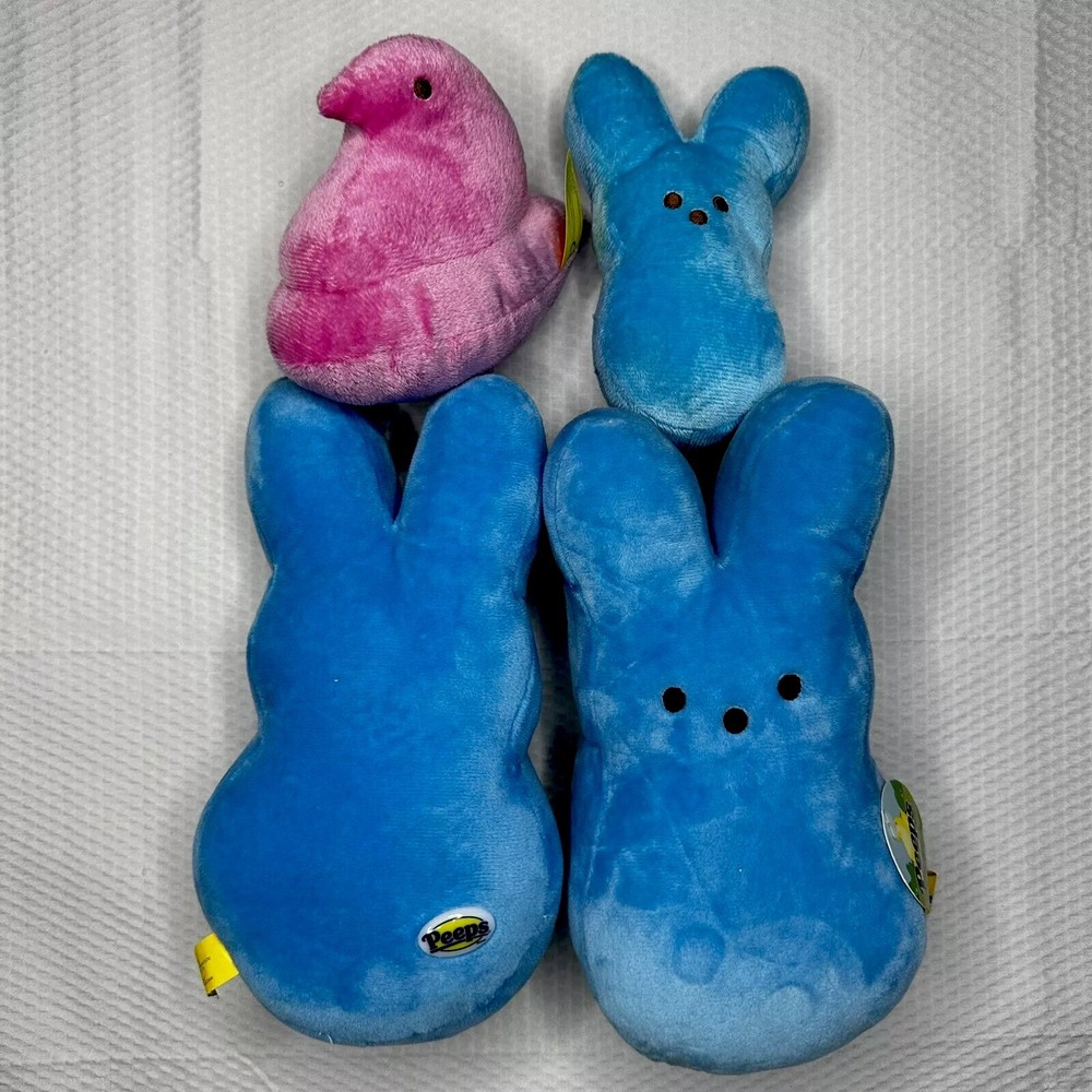 PEEPS Original Plush Figurines Three Blue Easter Bunnies and Pink Chick Lot Of 4