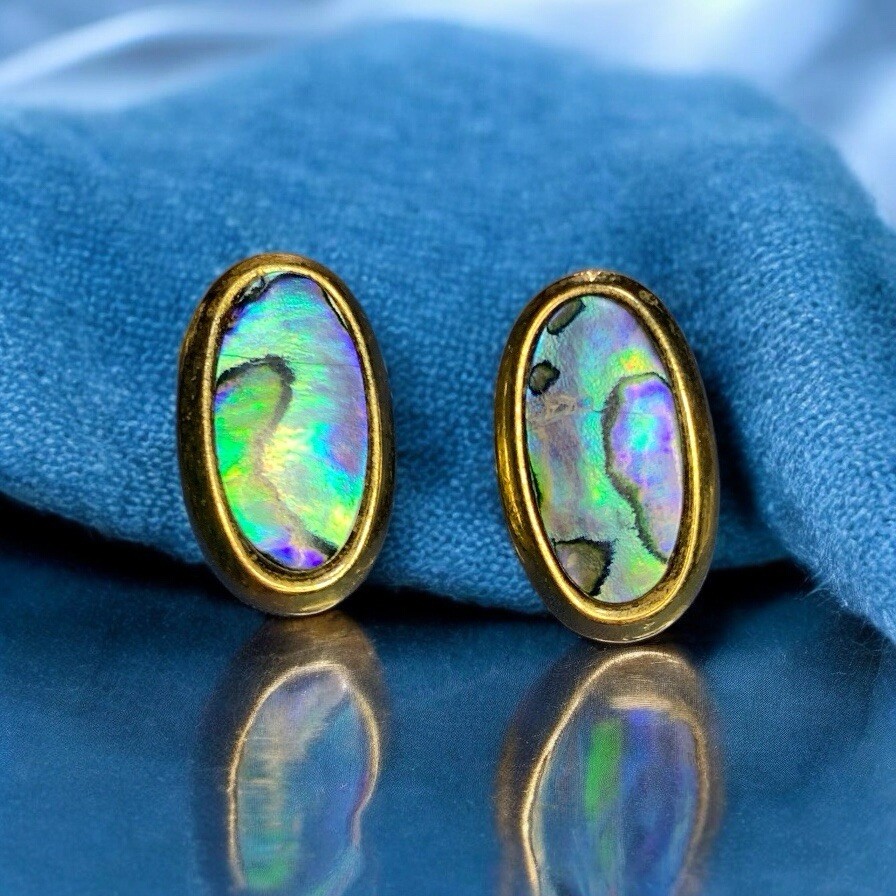 VTG Gold-tone Captivating Abalone Earrings Oval Stud Blue Green