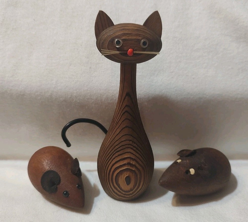 Vintage MCM Wooden Cat Kitty Figure Japan 5