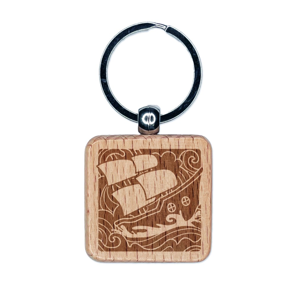 Ship Sailing on Turbulent Waves Engraved Wood Square Keychain Tag Charm