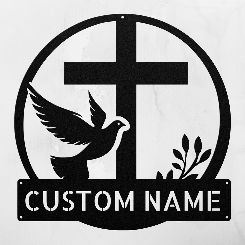 Personalized Dove and Cross Metal Sign Custom Religious Home Decor Christian Art
