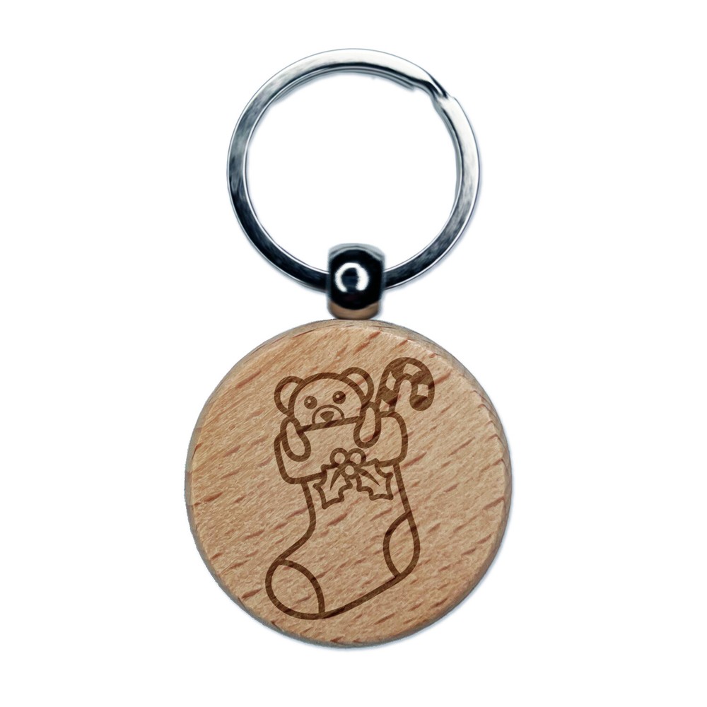 Personalized Christmas Stocking Wood Keychain with Presents Design  