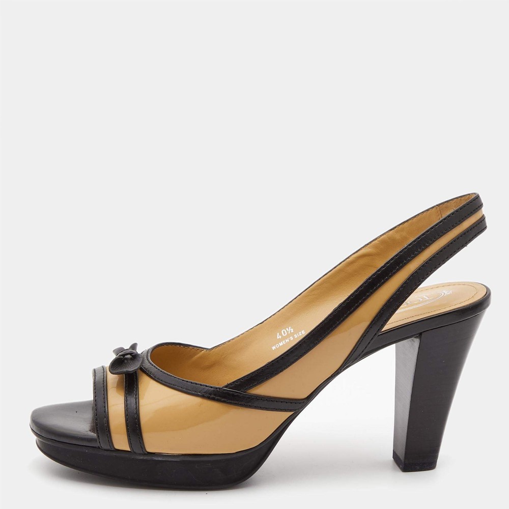 Tods BeigeBlack Patent Leather Bow Platform Slingback Open Toe Sandals Size 405