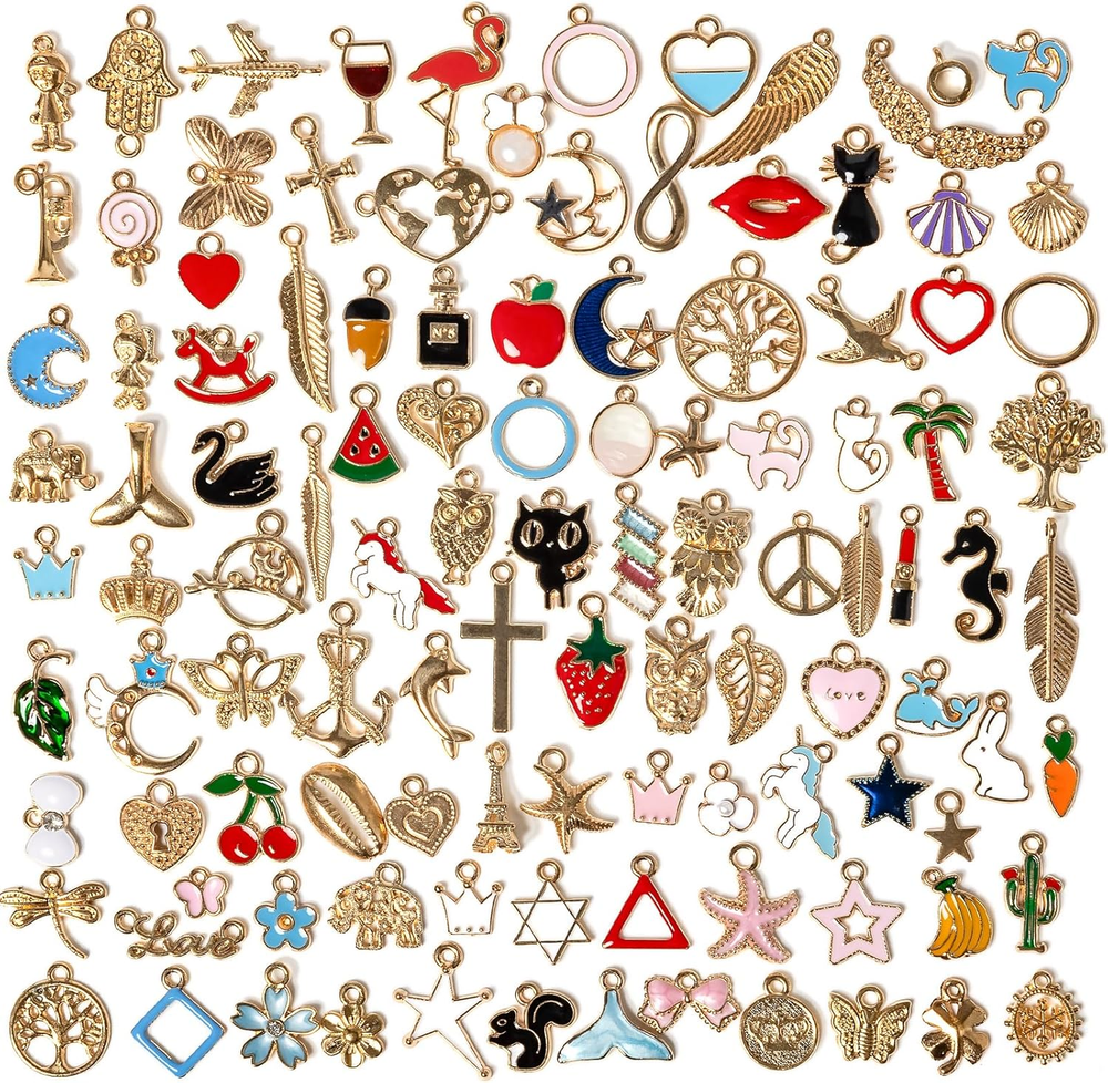 110PCS Bracelet Charms, Assorted Jewelry Making Charms, Gold Plated Enamel Charm