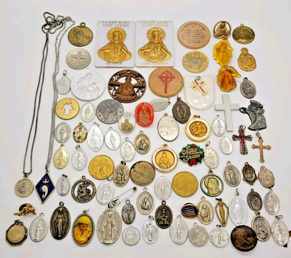 VINTAGE HUGE LOT OF 81 RELIGIOUS PENDANTS CHARMS TOKENS PINS