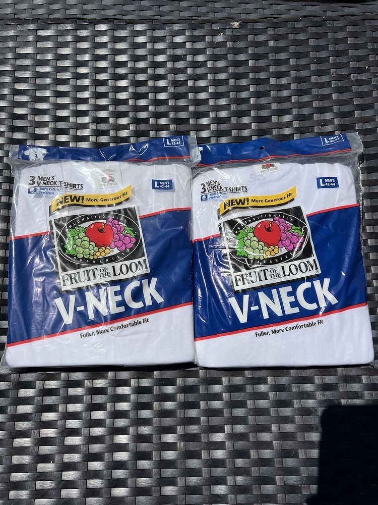 Set 2 Vintage New Old Stock 90s Fruit Of The Loom V-Neck T Shirt 3 Pack 6 Total