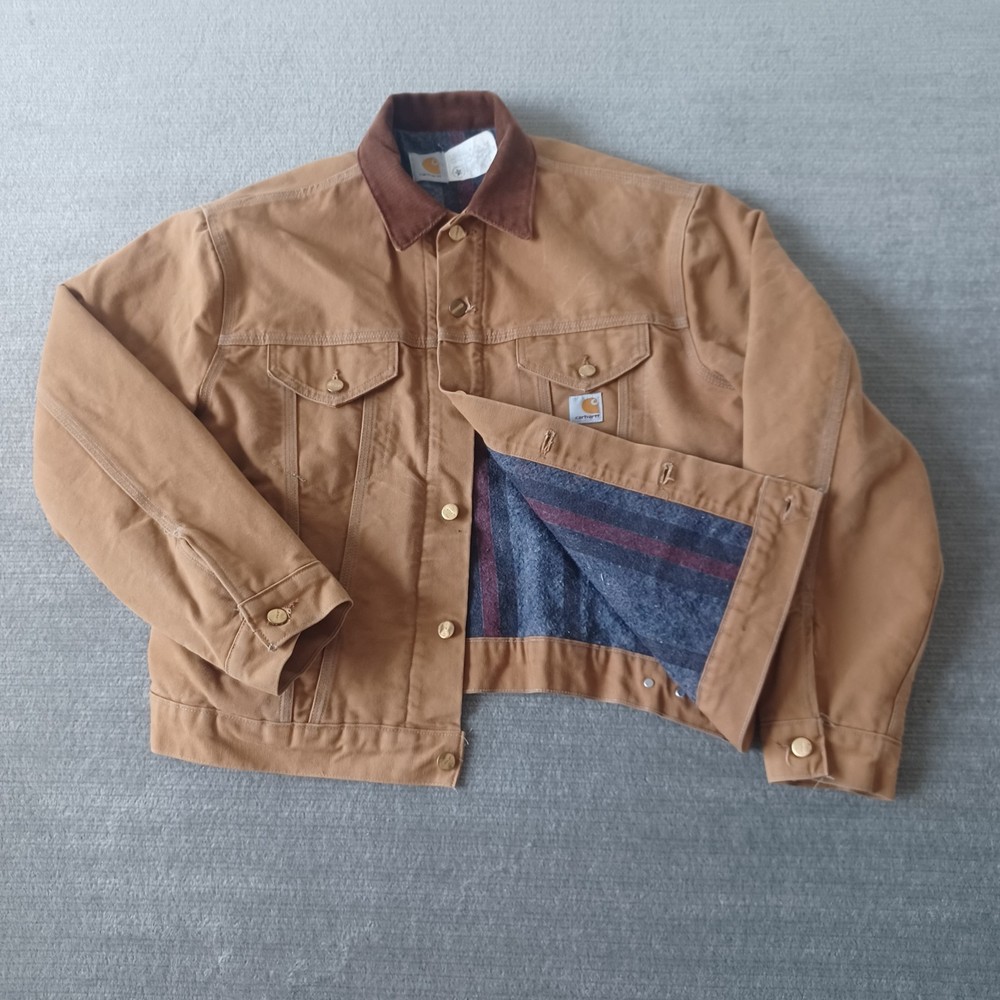 Vintage Carhartt JB0906 Jacket Mens Size 44 Tan Corduroy Collar Blanket Lined USA Made