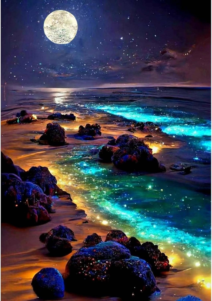 5D Beach Diamond Art Kits for Adults, Moon Starry Sky Landscape Diamond Art Kits