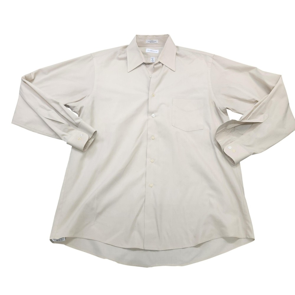 Van Heusen Dress Shirt Mens 16.5 34/35 Large Beige Solid Wrinkle Free Non Iron