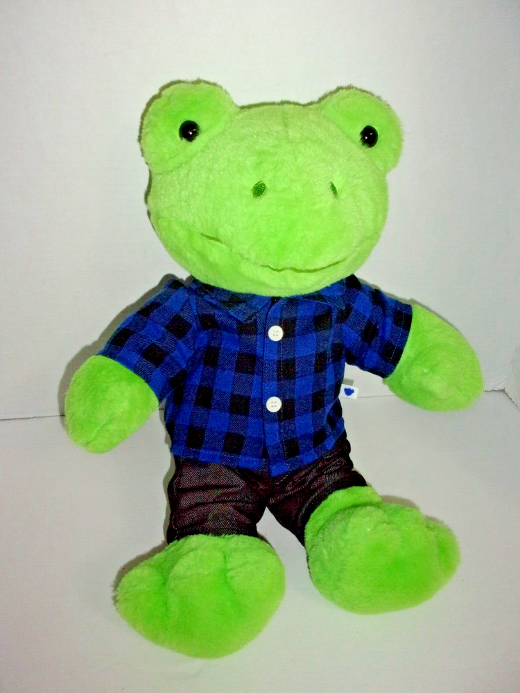 Juguete de peluche Build A Bear Green Frog con camisa a cuadros y jeans aprox 17
