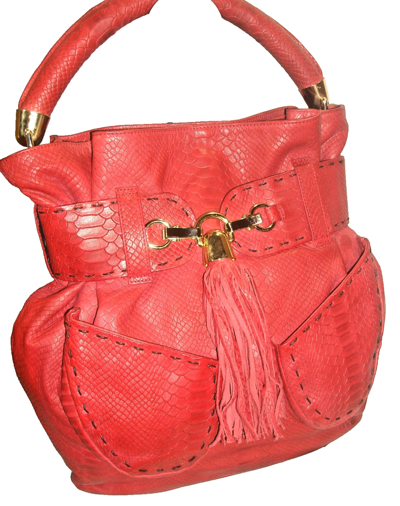 Lena Erziak Gorgeous Silky Soft Red Boa Embossed Leather Handbag Tote Near MINT!