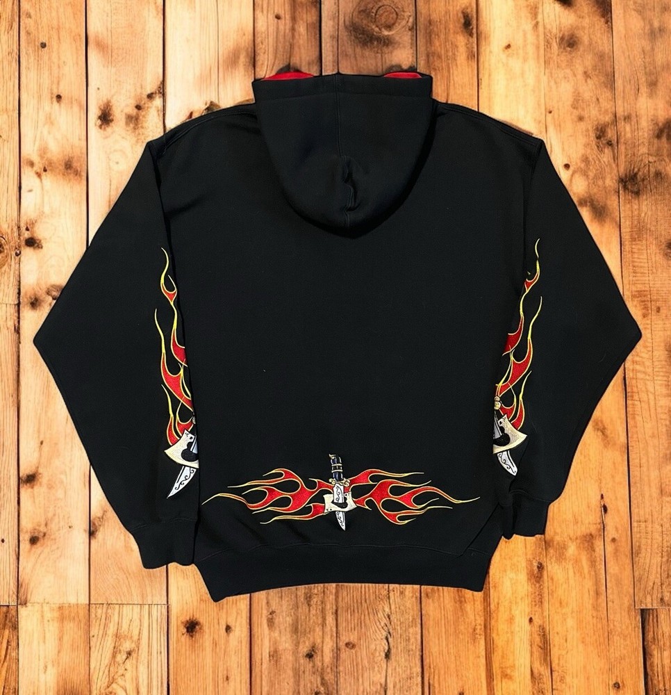 Vintage Y2K Sapphire Lounge Tribal Flames Jnco Style Hoodie Embroidered Size L