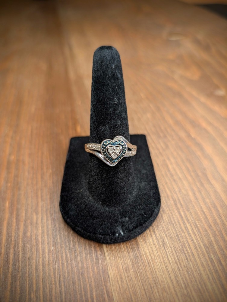Sterling Silver 925 Diamond Blue Heart Ring Kay Jewelers Valentines Day Sz 6.5