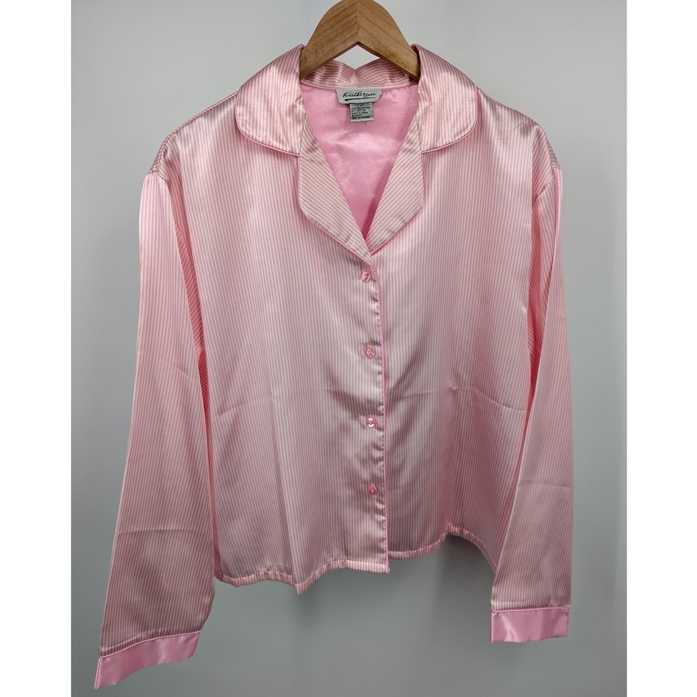 Kathryn Pink Satin Striped Pajama Set Large Vintage Sleepwear Lounge Set