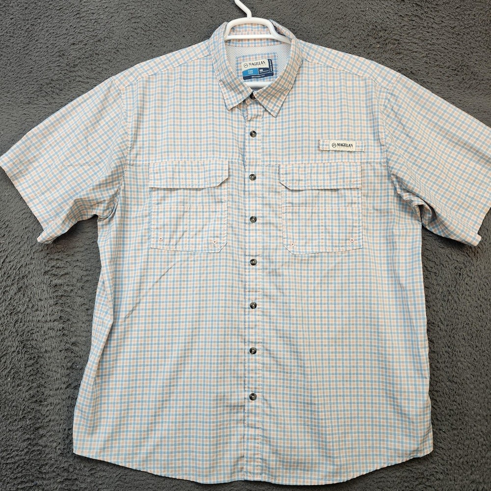 Magellan Outdoors Shirt Mens 2XL Blue Orange Plaid Fishing Vented Short Sleeve