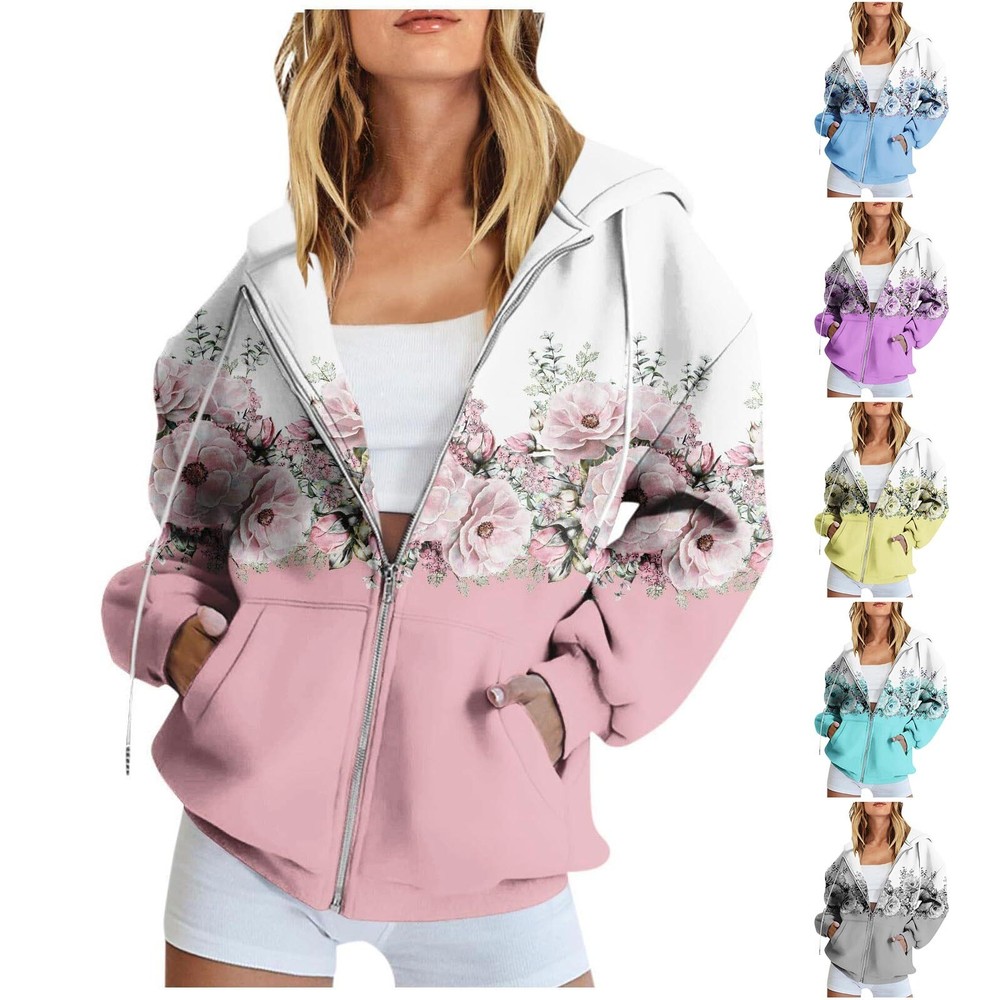 Womens Zip Up Hoodies Long Sleeve Sweatshirts Floral Oversized Sweaters Casual