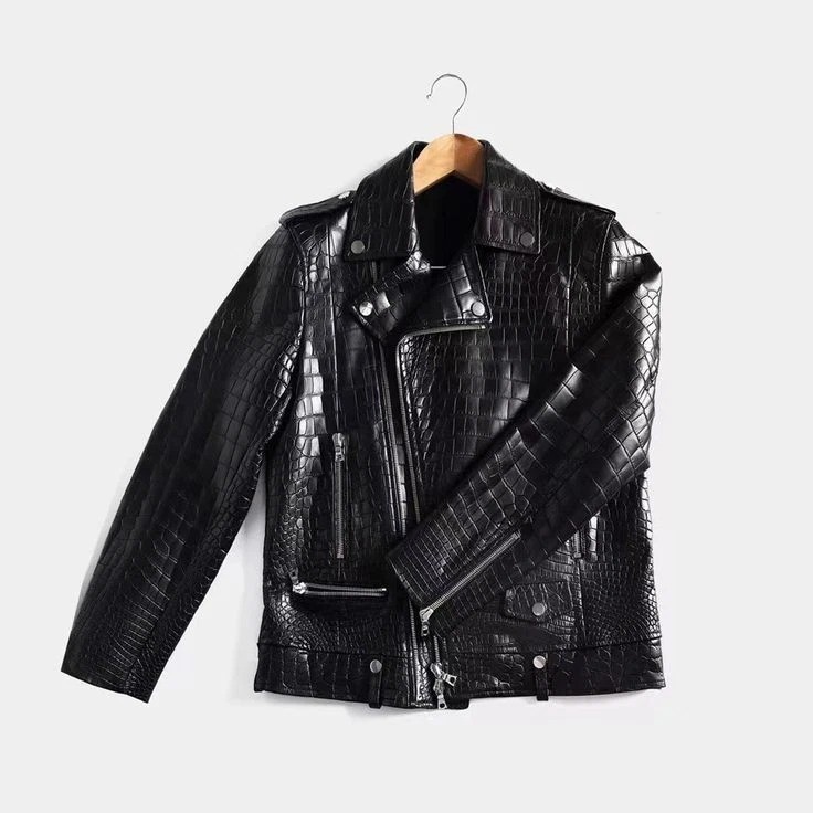Men’s Black Crocodile Print Leather Biker Jacket Moto Alligator Pattern Coat