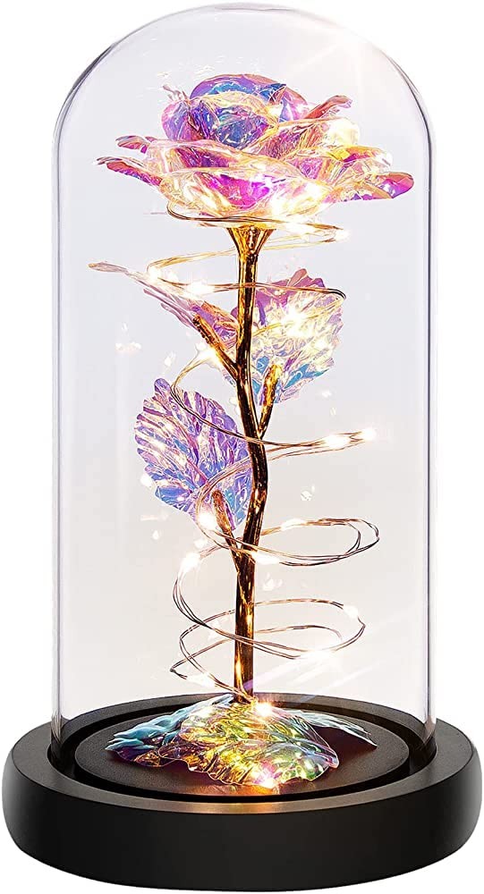 Glass Dome Rose LED Night Light with Preserved Fresh Flowers - Perfect Gift for Mom