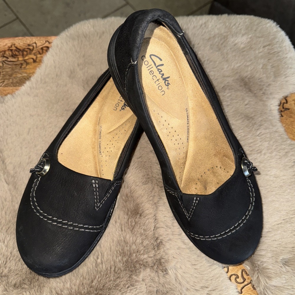 Clarks Women's Roseville Sky Slip-On Black Fabric Leather Size 8 Ex Condition