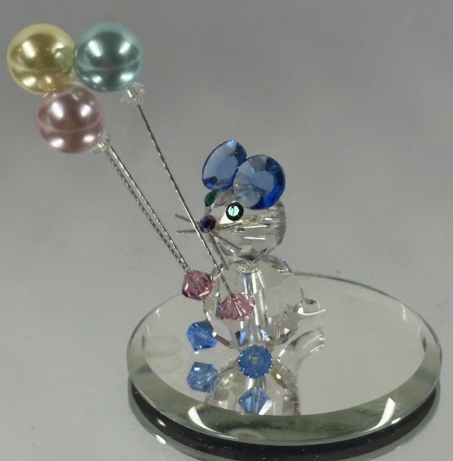 Vintage Crystal Mouse Figurine with Balloons Mini Birthday Trinket