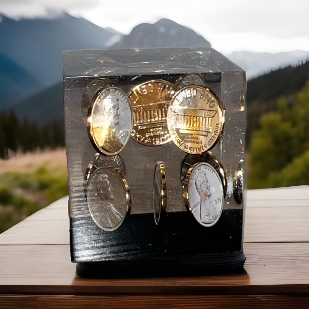 Vintage Lucite Coin  Floating Pennies 1970’s Cube Paperweight 2”
