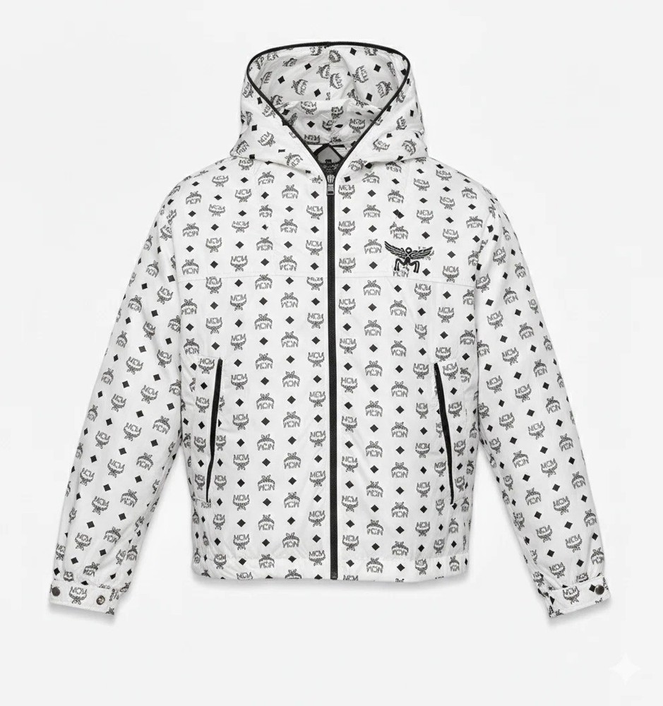 MCM Visetos Monogram Hooded Windbreaker Jacket White&Black Logo Zip Up Designer