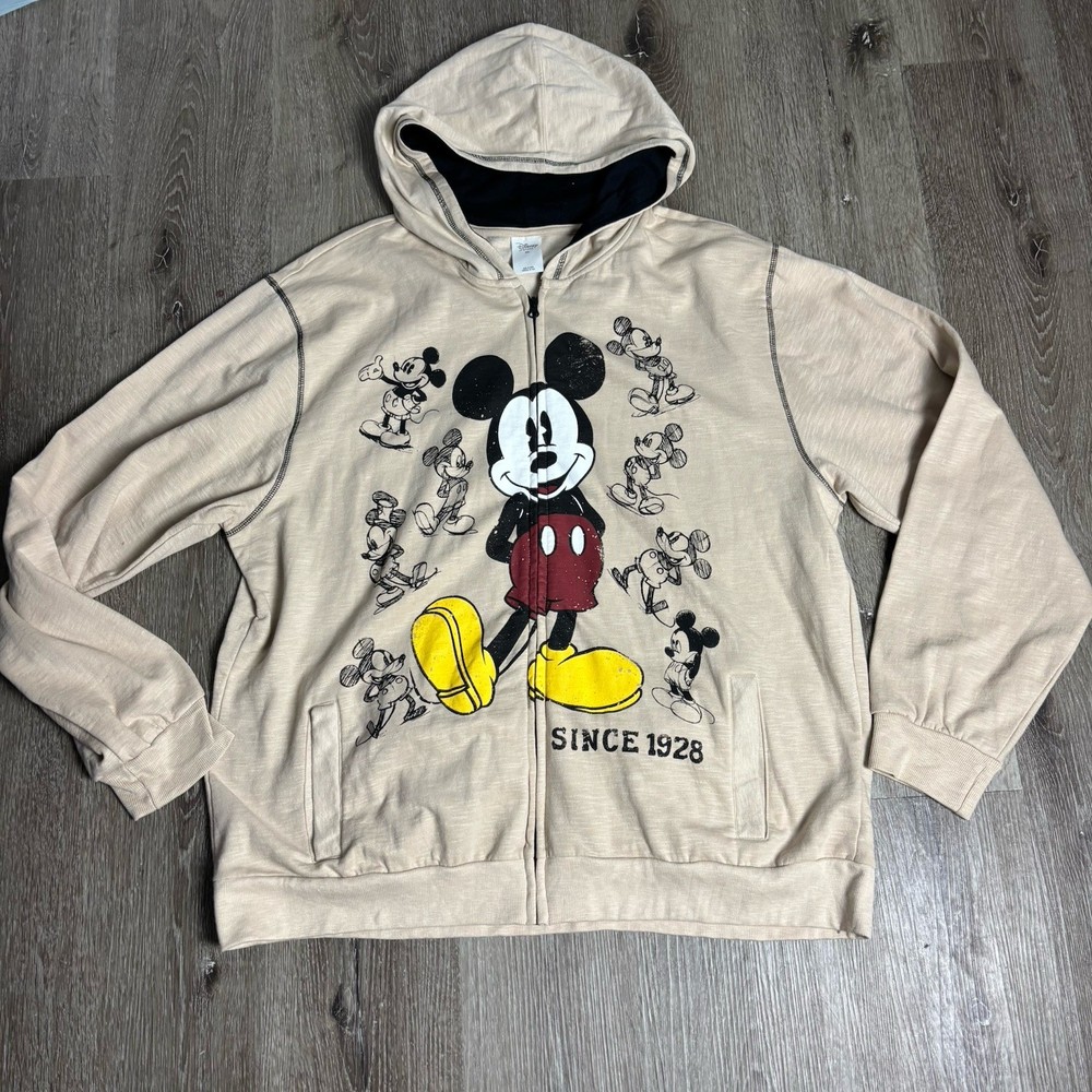 Disney Store 2XL Men’s Mickey Mouse Graphic Full Zip Hoodie Tan Since 1928