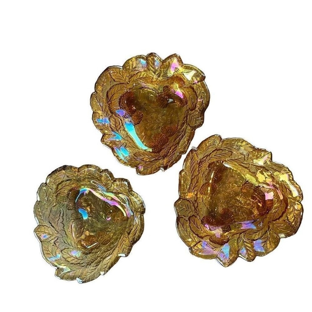 Indiana Glass Iridescent Gold Carnival Glass Bowl with Fall Harvest Leaf Design