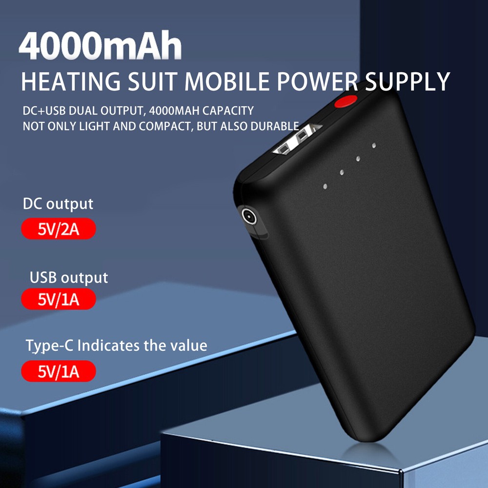 4000mAh Battery Pack for Heated Vest Jacket Pants Scarf Power Bank 7.4V-2A